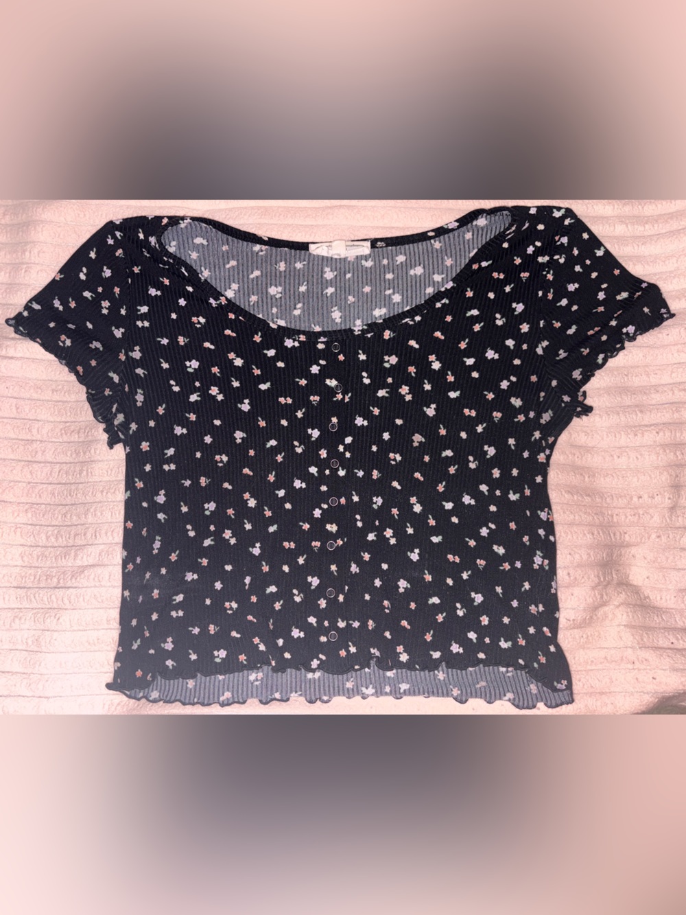 Women’s Black Floral Ribbed Short Sleeve Top